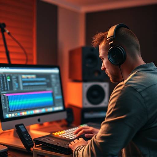 A music producer working on a computer with audio editing software