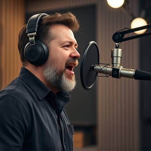 A voice actor speaking into a microphone in a recording studio