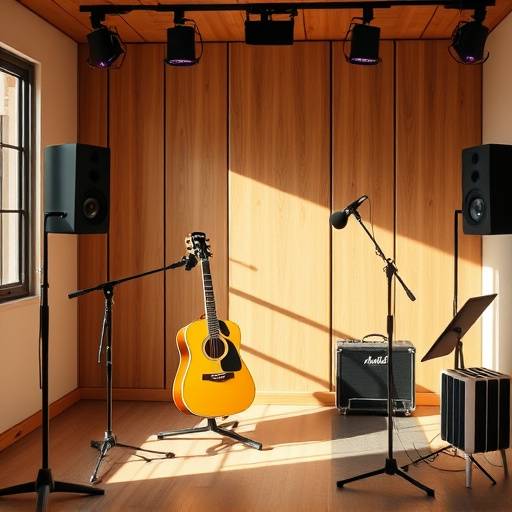 Acoustic guitar being recorded in a studio setting