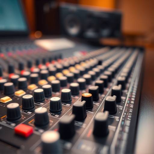 Close-up of a mixing console with multiple knobs and faders