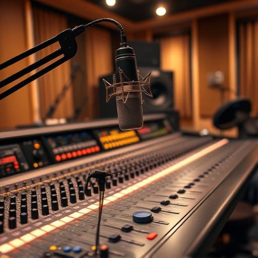 Professional recording studio console with high-end microphone