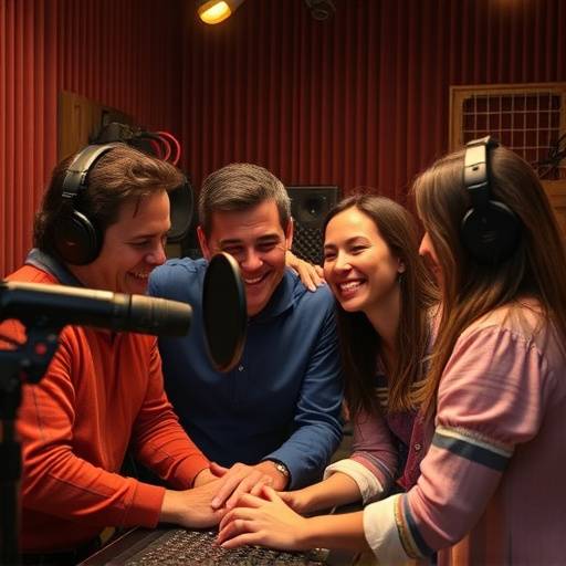 SonicSculpt Studio team members in the recording booth, smiling and collaborating